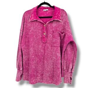 White Birch Waffle Knit Button Up Top‎ Oversized Long Sleeve Boho Shirt M